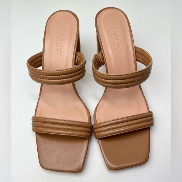 New J. Crew Evelyn Leather Double Strap Tan Neutral Heel Mule Sandals - Picture 2 of 11